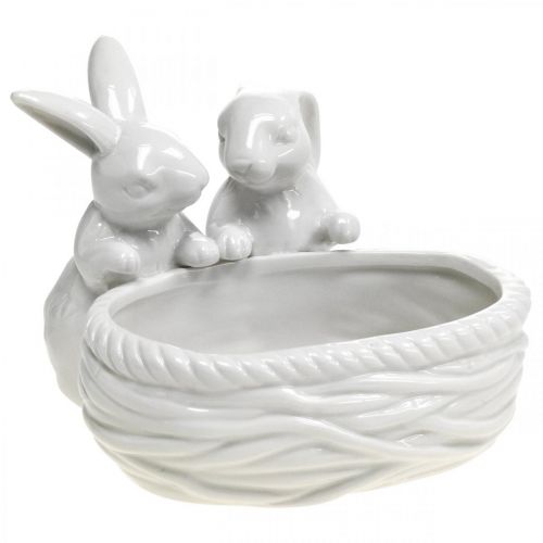 Floristik24 Coelhos com ninho, decoração de mesa, ninho de Páscoa, decoração em porcelana, tigela decorativa branca L15cm A11cm