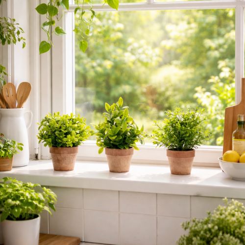 Itens Planta artificial em vaso com textura realista para uso e decoração de interiores, 18 cm, 3 peças.