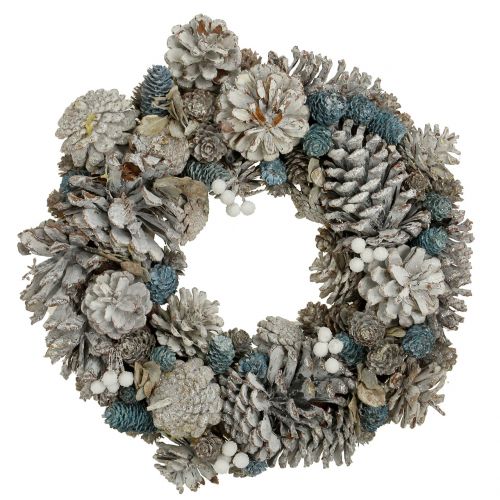 Floristik24 Grinalda de cones com glitter branco, azul, natural Ø32cm