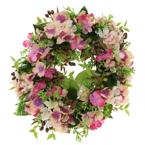 Floristik24 Coroa de flores com hortênsias e bagas rosa Ø30cm