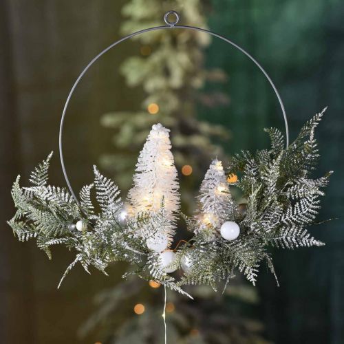Grinalda iluminada com pinheiros e bolas, Advento, decoração de inverno para pendurar, anel de decoração LED prata L45cm Ø30cm