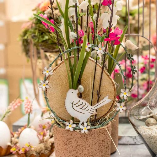 Floristik24 Coroa com pássaro, decoração em metal para pendurar, primavera branco / verde Ø14,5cm conjunto de 2