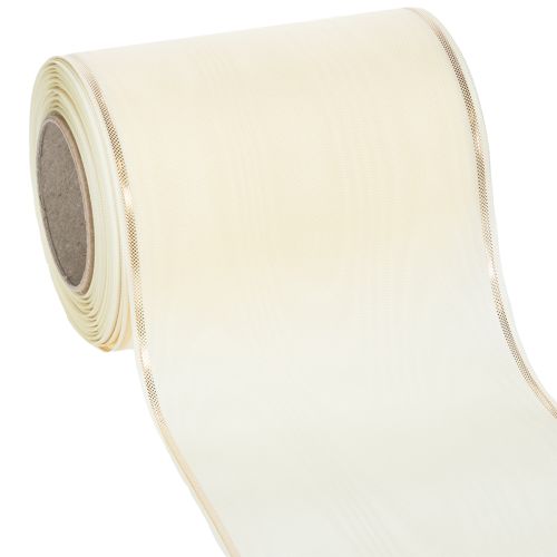 Floristik24 Fita para guirlanda na cor creme com borda dourada, cetim superfino, 125 mm de largura, 25 m de comprimento - Impermeável, ideal para impressão digital e ecológica.