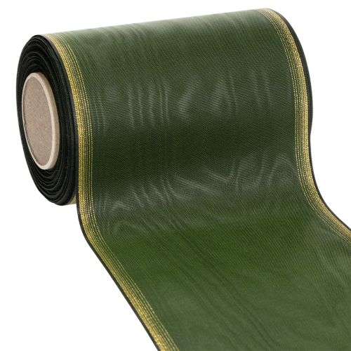 Fita para guirlanda em moiré, 150 mm, verde-escura com borda em pérola dourada, trama tafetá, rolo de 25 m para decoração e arranjos.