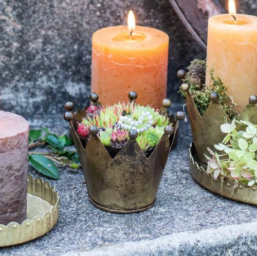 Floristik24 Porta-velas de latão estilo antigo em metal coroa Ø10cm Alt.8cm