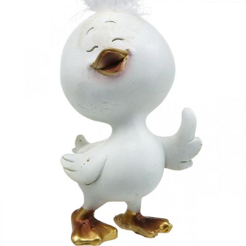 Floristik24 Feliz pintinho de Páscoa, pato com pena, pintinho de decoração de Páscoa branco, dourado H14cm