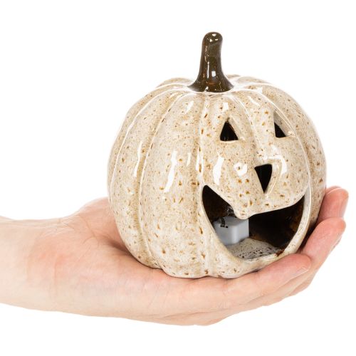 Abóbora decorativa de cerâmica com LED e carinha sorridente, 13 cm | Floristik24.pt