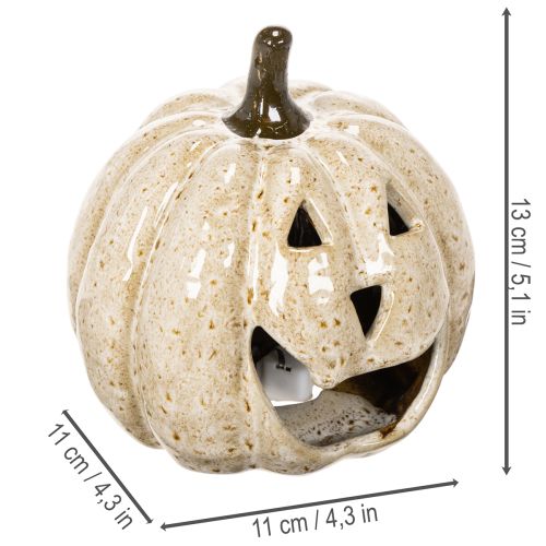 Abóbora decorativa de cerâmica com LED e carinha sorridente, 13 cm | Floristik24.pt