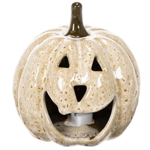 Abóbora decorativa de cerâmica com LED e carinha sorridente, 13 cm | Floristik24.pt