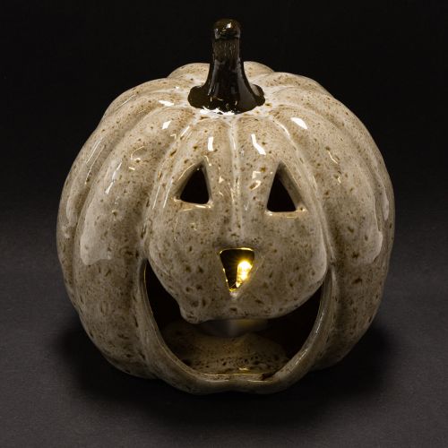 Abóbora decorativa de cerâmica com LED e carinha sorridente, 13 cm | Floristik24.pt