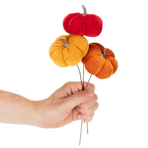 Abóbora decorativa em arame, decoração de outono, veludo, conjunto tricolor, 8 cm, 9 peças | Floristik24.pt