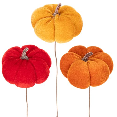 Abóbora decorativa em arame, decoração de outono, veludo, conjunto tricolor, 8 cm, 9 peças | Floristik24.pt