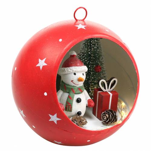 Floristik24 Bola de natal para pendurar boneco de neve e LED vermelho Ø14cm para pilhas