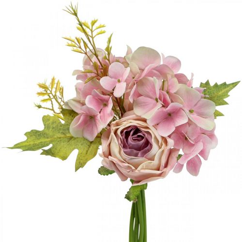 Itens Bouquet artificial, buquê de hortênsias com rosas rosa 32cm