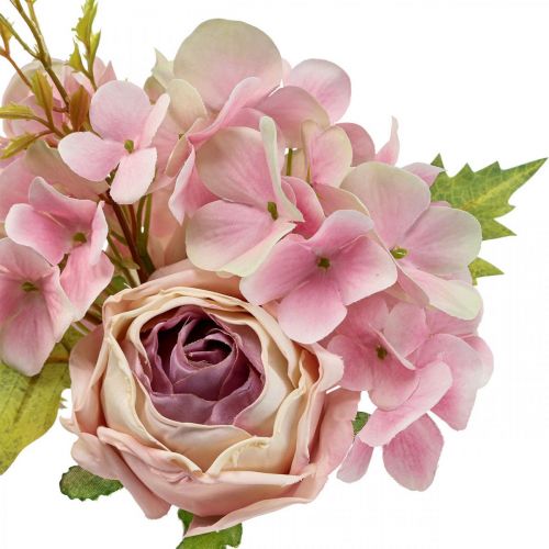 Itens Bouquet artificial, buquê de hortênsias com rosas rosa 32cm