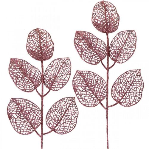 Plantas artificiais, folhas decorativas, galho artificial rosa glitter L36cm 10p