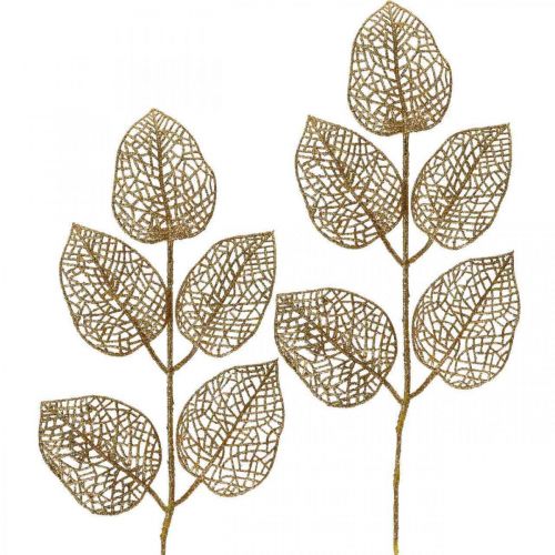 Floristik24 Plantas artificiais, decoração de galhos, glitter dourado folha deco L36cm 10p