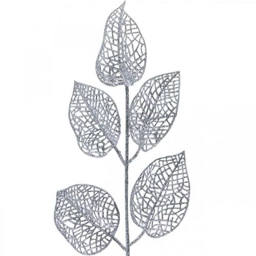 Floristik24 Plantas artificiais, decoração de galhos, folhas decorativas glitter prateado L36cm 10 un