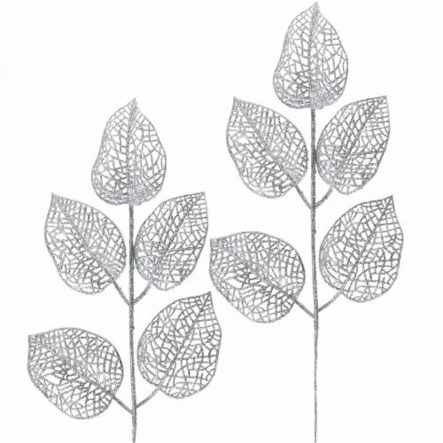 Plantas artificiais, decoração de galhos, glitter prateado folha deco L36cm 10p