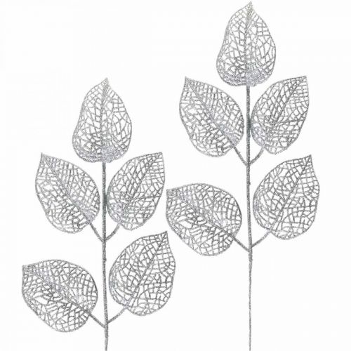 Floristik24 Plantas artificiais, decoração de galhos, folhas decorativas glitter prateado L36cm 10 un