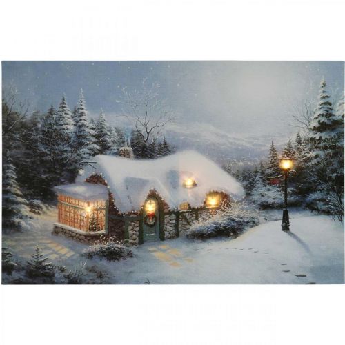 Floristik24 Foto LED paisagem de inverno de Natal com casa mural LED 58x38cm