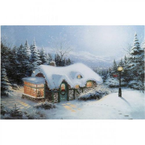 Floristik24 Foto LED paisagem de inverno de Natal com casa mural LED 58x38cm