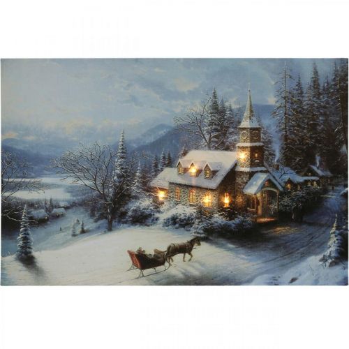 Foto LED paisagem de inverno de Natal com igreja mural LED 58x38cm