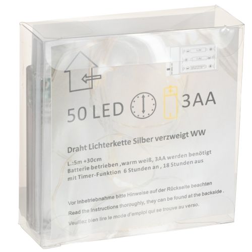 Itens Cordão de luzes LED, 50 lâmpadas, funciona a bateria, 5 m, branco quente