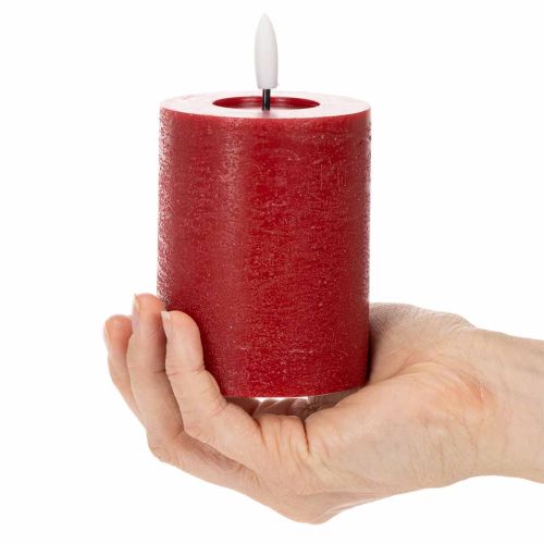 Vela pilar de LED feita de cera verdadeira na cor vermelha com temporizador e luz branca quente, 12 cm | Floristik24.pt
