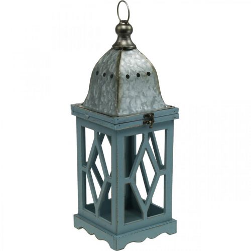 Lanterna de madeira com decoração em metal, lanterna decorativa para pendurar, decoração de jardim azul-prata H51cm