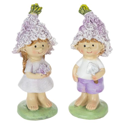 Conjunto de 2 estatuetas decorativas representando um menino e uma menina floristas em tons de lavanda, para sala de estar e jardim, 10 cm de altura.