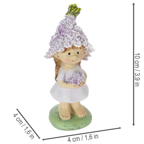 Itens Conjunto de 2 estatuetas decorativas representando um menino e uma menina floristas em tons de lavanda, para sala de estar e jardim, 10 cm de altura.