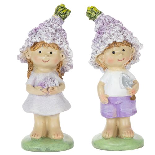 Itens Conjunto de 2 estatuetas decorativas representando um menino e uma menina floristas em tons de lavanda, para sala de estar e jardim, 10 cm de altura.
