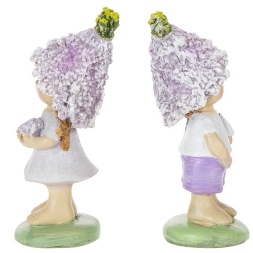 Itens Conjunto de 2 estatuetas decorativas representando um menino e uma menina floristas em tons de lavanda, para sala de estar e jardim, 10 cm de altura.