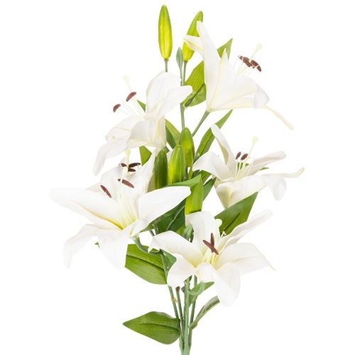 Lírios artificiais, 6 flores brancas, ramo florido realista, 66 cm