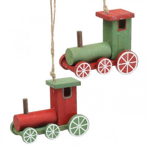 Locomotiva, decorações para árvores de Natal, madeira vermelha, verde 8,5 × 4 × 7cm 4 unidades
