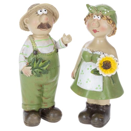 Conjunto de 2 estatuetas decorativas representando um casal de camponeses, perfeitas para decorar a sala de estar e ambientes internos no verão. 17 cm de altura.