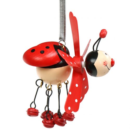 Floristik24 Carrilhão de vento joaninha de madeira vermelha 12cm
