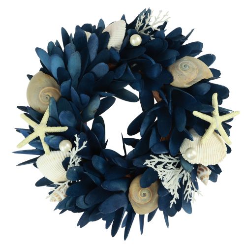 Coroa decorativa marítima com conchas azuis cores naturais Ø27cm