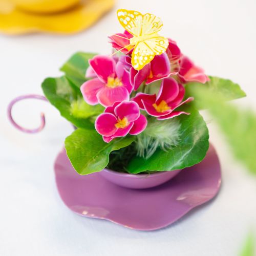 Itens Xícara decorativa de metal com pires rosa Alt.8cm Ø11,5cm 2 unidades