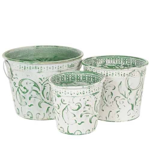 Floristik24 Vasos de metal com alças, floreiras com relevo, branco, verde, estilo shabby chic, A20,5/18,5/16cm, Ø25,5/20,5/15,5cm, conjunto de 3