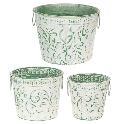 Itens Vasos de metal com alças, floreiras com relevo, branco, verde, estilo shabby chic, A20,5/18,5/16cm, Ø25,5/20,5/15,5cm, conjunto de 3