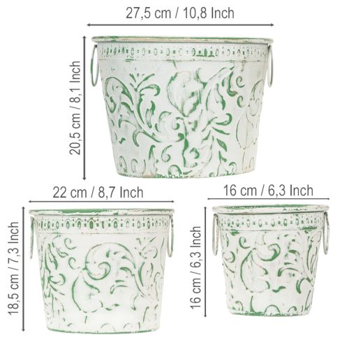 Itens Vasos de metal com alças, floreiras com relevo, branco, verde, estilo shabby chic, A20,5/18,5/16cm, Ø25,5/20,5/15,5cm, conjunto de 3
