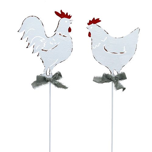 Floristik24 Frango de metal em palito branco 16cm 6pcs