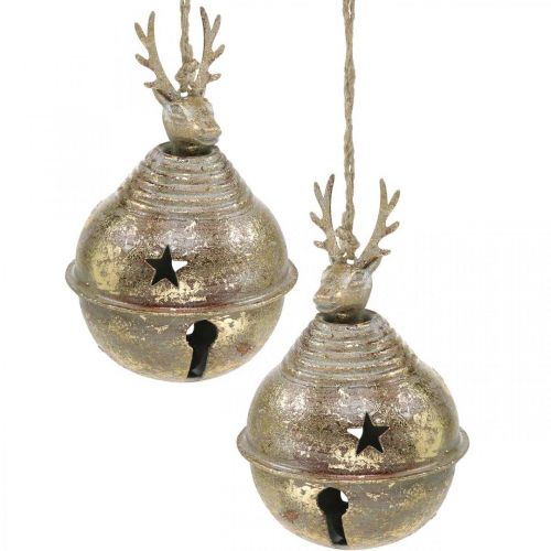 Sinos de metal com decoração de rena, decoração do Advento, sino de Natal com estrelas, sinos de ouro estilo antigo Ø9cm A14cm 2 peças