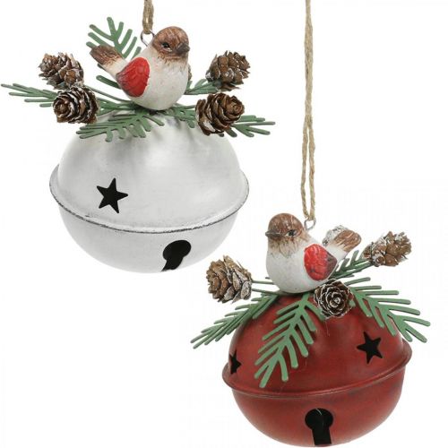 Floristik24 Sinos com robins, decorações de pássaros, inverno, sinos decorativos para o Natal branco / vermelho Ø9cm A10cm conjunto de 2