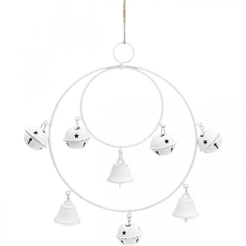 Floristik24 Anel com sinos, decoração do Advento, coroa do anel, decoração de metal para pendurar Branco A22,5cm L21,5cm