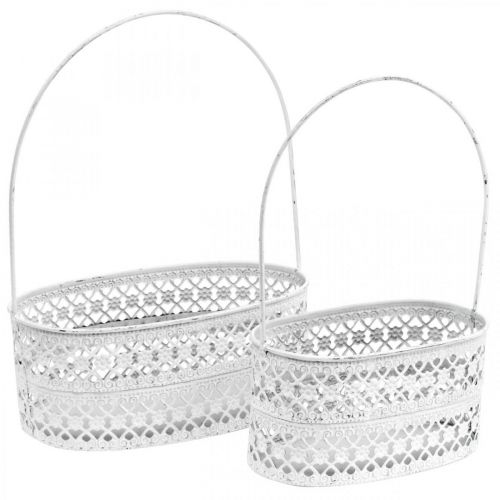 Cesta de metal oval, recipiente decorativo para plantio branco, prata estilo vintage L17 / 22cm A25 / 28cm conjunto de 2