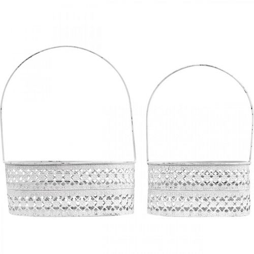 Floristik24 Cesta de metal oval, recipiente decorativo para plantio branco, prata estilo vintage L17 / 22cm A25 / 28cm conjunto de 2