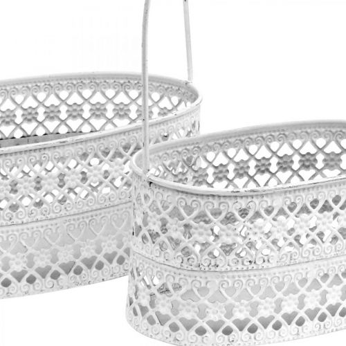 Floristik24 Cesta de metal oval, recipiente decorativo para plantio branco, prata estilo vintage L17 / 22cm A25 / 28cm conjunto de 2